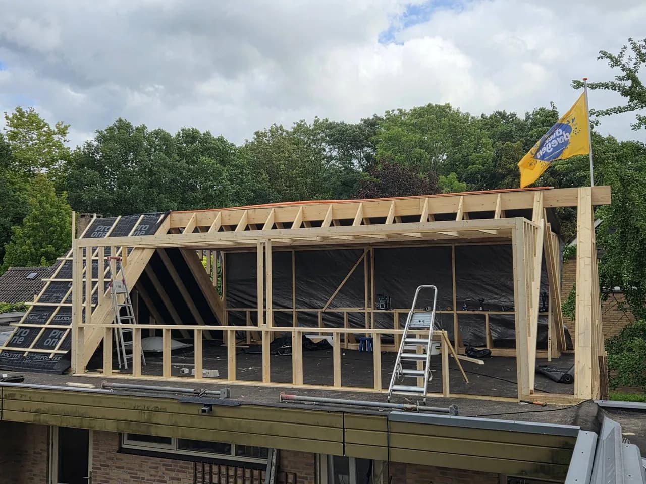 Overzicht van de dakkapelconstructie langs het dak
